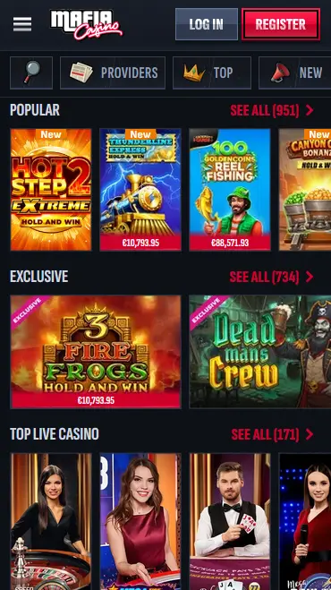 Mafia Casino mobile browser lobby with Popular, Exclusive and Top Live Casino rows, Log In and Register buttons for Australian players
