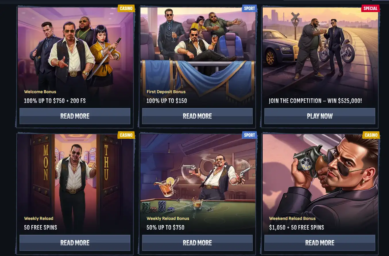 Mafia Casino bonuses page in AUD showing the 100% up to $750 plus 200 free spins welcome bonus, sports first deposit bonus and weekend reload for Australian players