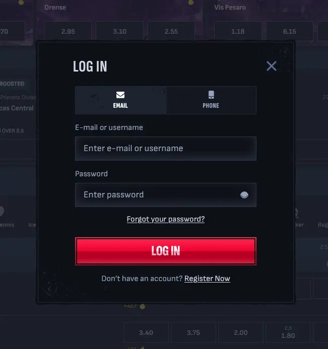 Mafia Casino login window with Email and Phone tabs, password field and Forgot your password link