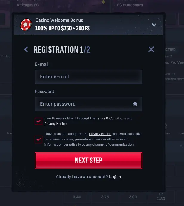 Mafia Casino registration form step 1 of 2 with email, password and the 100% up to $750 plus 200 FS welcome bonus